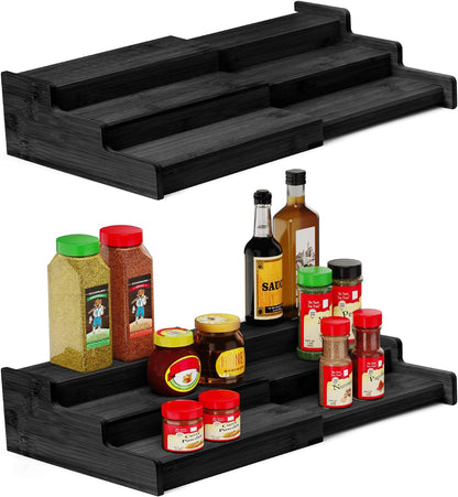 Spice Rack 3-Tier Natural Bamboo, Adjustable Cabinet Organizer Shelf | Expands 8.7-15.6"cabinets. Stepped design, labels visible.Storage organizer saves space, easy wipe. For spices, jars,cans.