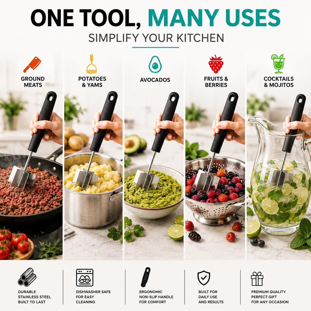 Mini Stainless Steel Meat Chopper & Masher, Dishwasher Safe