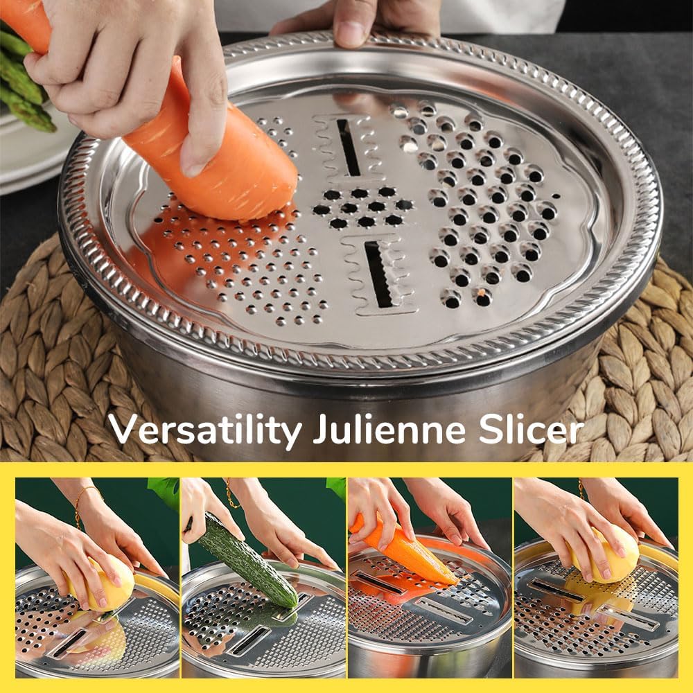 Germany Multifunctional Stainless Steel Basin, 2026 New 3 in 1 Multifunctional Stainless Steel Basin Strainer Set with Grater, Strainer Drain Basket for Rinsing Draining Mixing (S (10.24in))