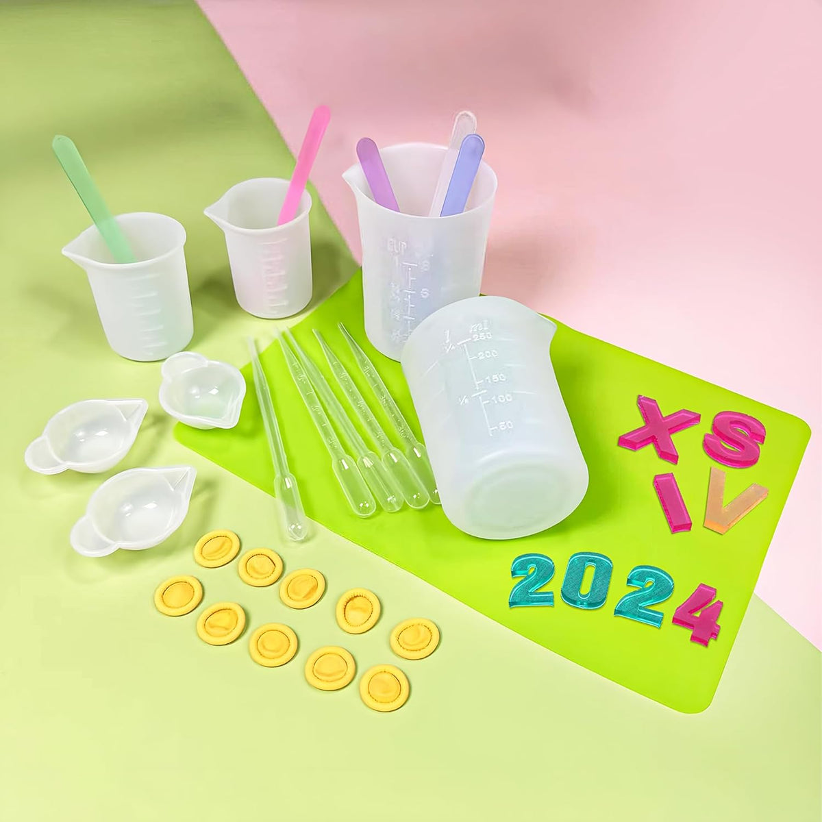 7 PCS Silicone Measuring Cups Kits,1 PCS 250ml Silicone Cups,4 PCS 100ml Non-Stick Mixing Cups,2 PCS 10ml Silicone Mold Cup Dispenser, for Casting Moulds,Jewelry Making,DIY,Crafts