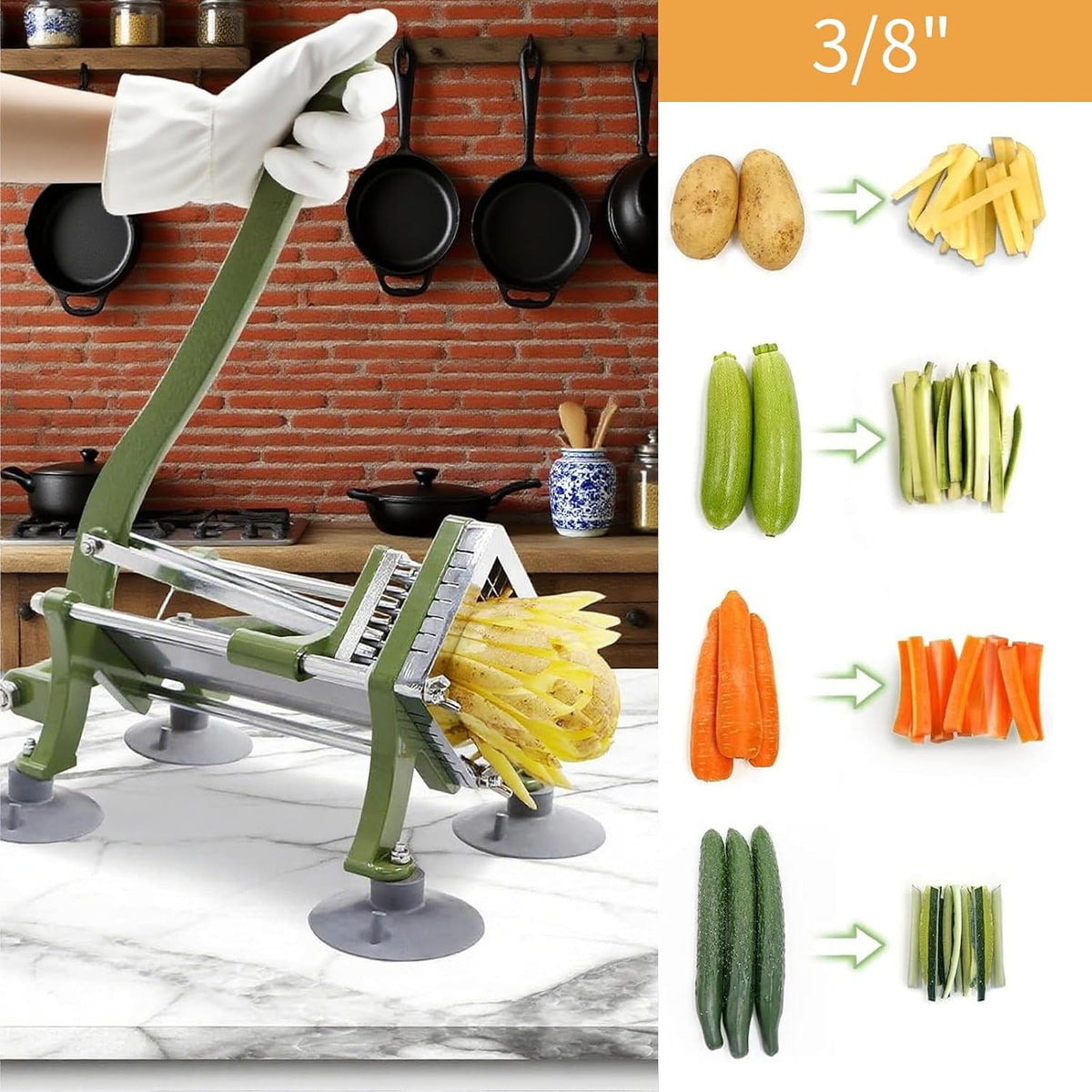 French Fry Cutter, Commercial Potato Slicer with Suction Feet,Great for Potato, French Fries, Cucumber, Vegetables, Carrot (Green- 3/8 Inch Blade)