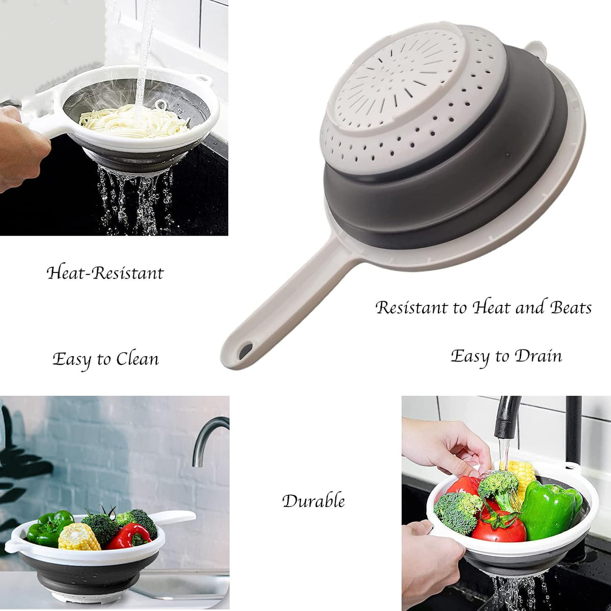 Collapsible Kitchen Strainer with Handle - Silicone Colander - Collapsible Colander and Strainer to Rinse your Pasta, Salad Leaves, Fruits, & Vegetables - Heavy Duty Foldable Heat Resistant