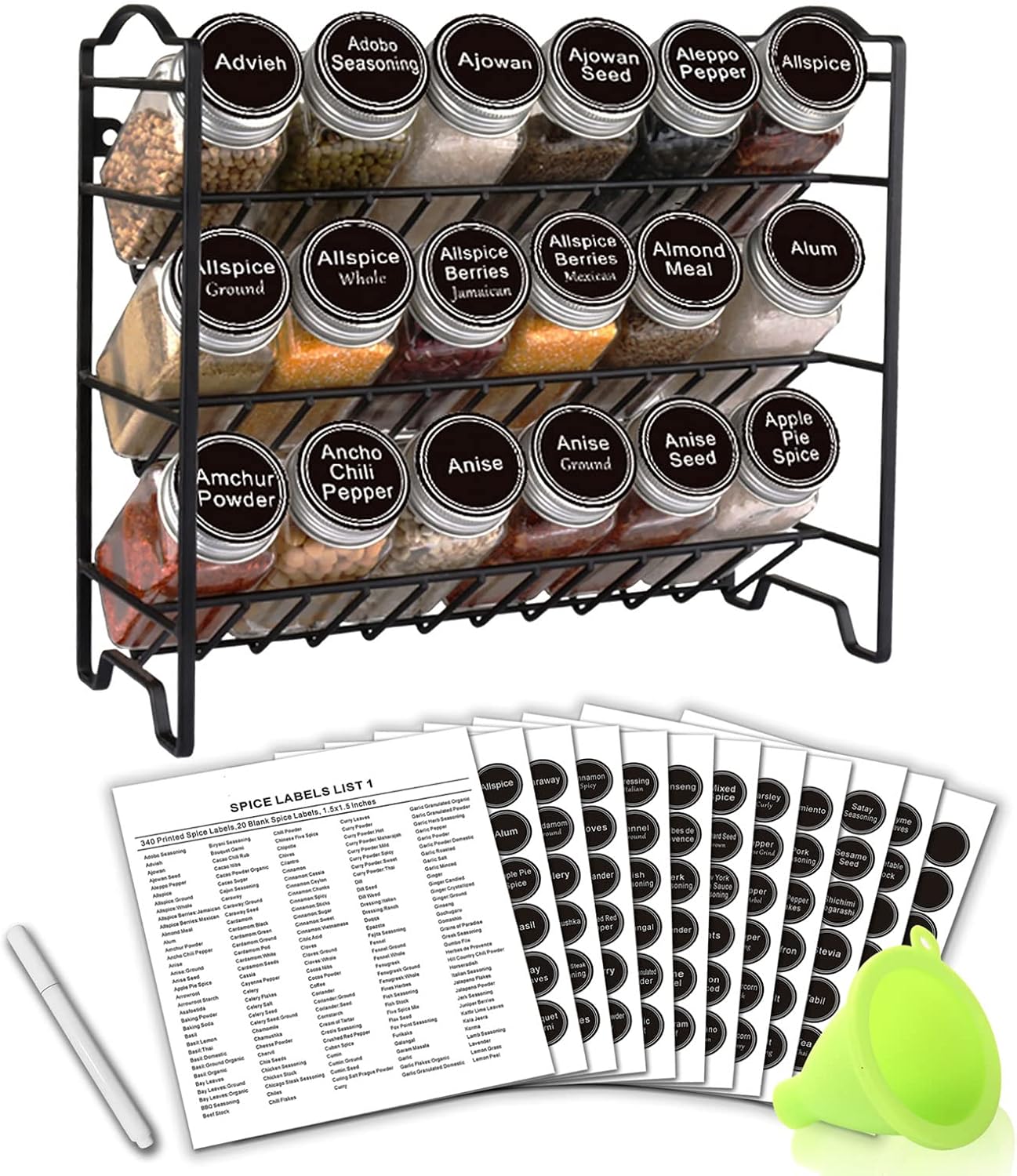 Spice Rack Organizer with 18 Empty Square Spice Jars, 396 Spice Labels with Chalk Marker and Funnel Complete Set, Spice Organizer for Countertop, Cabinet or Wall Mount, Black