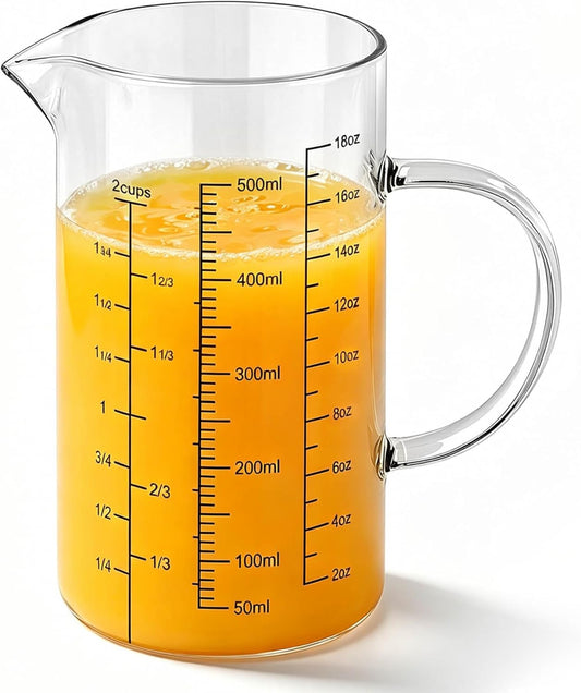 18OZ Glass Measuring Cup with Insulated Handle V-Shaped Spout 2 Cup | 500ml High Borosilicate Glass Measuring Cups with 3 Scales (OZ,ML,Cup) for Kitchen or Restaurant, Easy To Read
