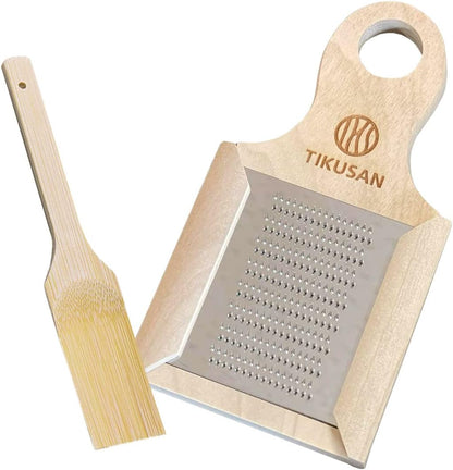 Japanese Wooden Wasabi Grater (Wasabi Oroshi) for Ginger and Garlic with Bamboo Brush Made in Japan
