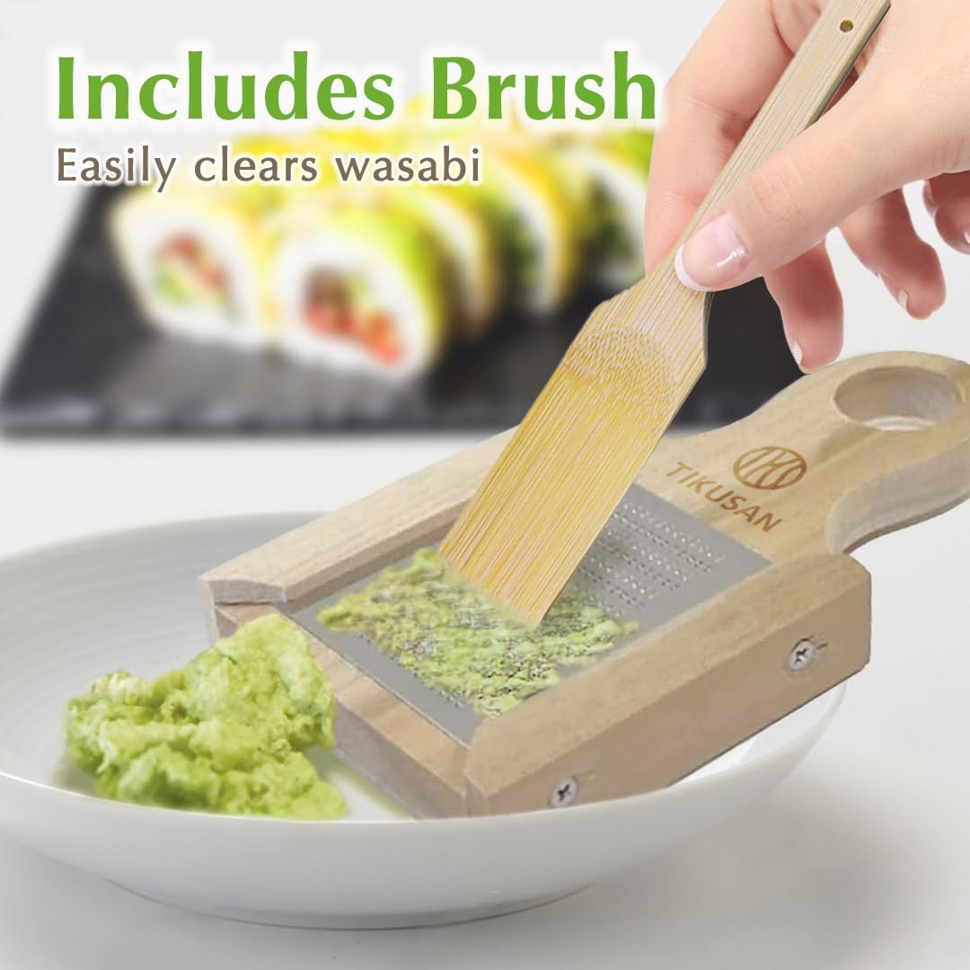 Japanese Wooden Wasabi Grater (Wasabi Oroshi) for Ginger and Garlic with Bamboo Brush Made in Japan
