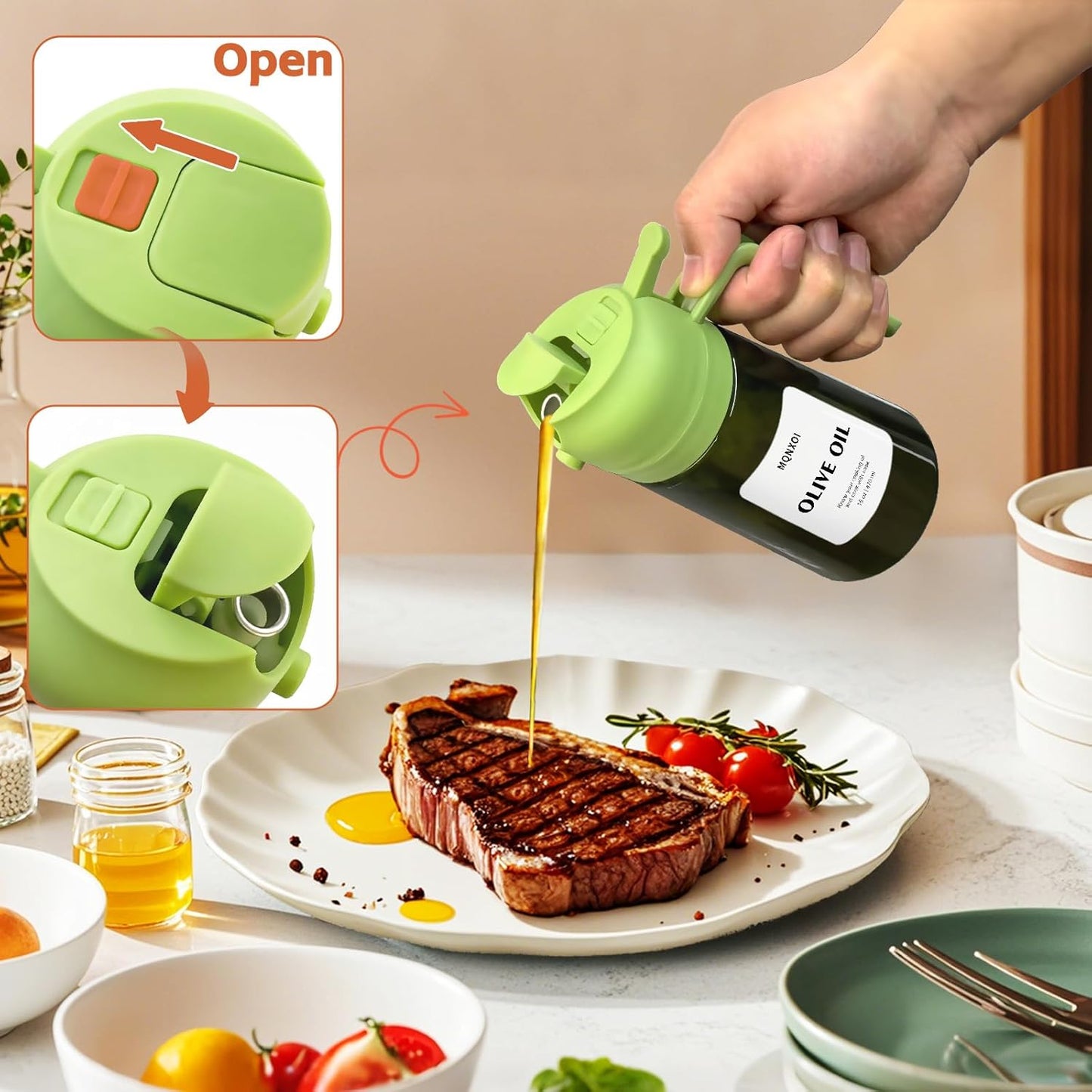 Olive Oil Sprayer for Cooking, 16oz Glass 2 in 1 Oil Dispenser Bottle | Light Blocking, BPA-Free Food Grade, Fine Mist Precise Control, Air Fryer BBQ Salad, Leakproof Anti-Clog, Pre-Printed Labels