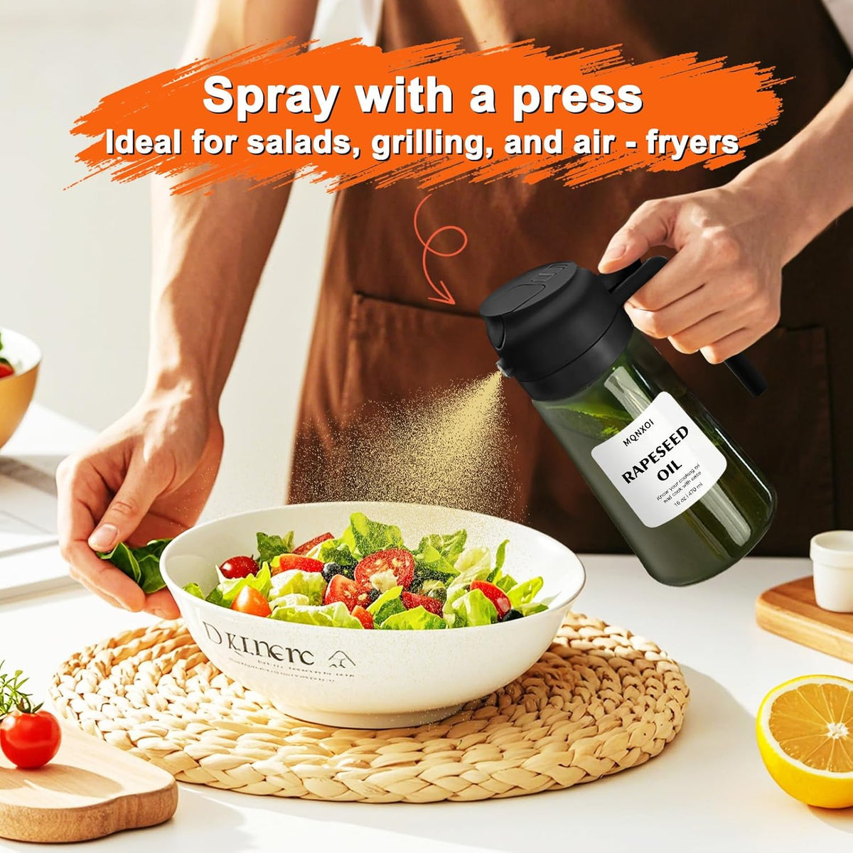Olive Oil Sprayer for Cooking, 16oz Glass 2 in 1 Oil Dispenser Bottle | Light Blocking, BPA-Free Food Grade, Fine Mist Precise Control, Air Fryer BBQ Salad, Leakproof Anti-Clog, Pre-Printed Labels