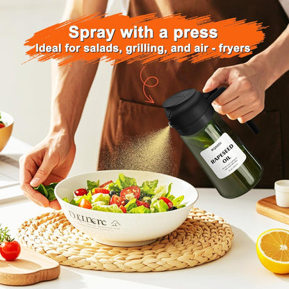 Olive Oil Sprayer for Cooking, 16oz Glass 2 in 1 Oil Dispenser Bottle | Light Blocking, BPA-Free Food Grade, Fine Mist Precise Control, Air Fryer BBQ Salad, Leakproof Anti-Clog, Pre-Printed Labels