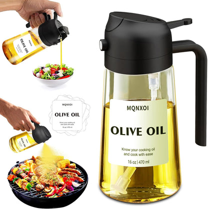 Olive Oil Sprayer for Cooking, 16oz Glass 2 in 1 Oil Dispenser Bottle | Light Blocking, BPA-Free Food Grade, Fine Mist Precise Control, Air Fryer BBQ Salad, Leakproof Anti-Clog, Pre-Printed Labels