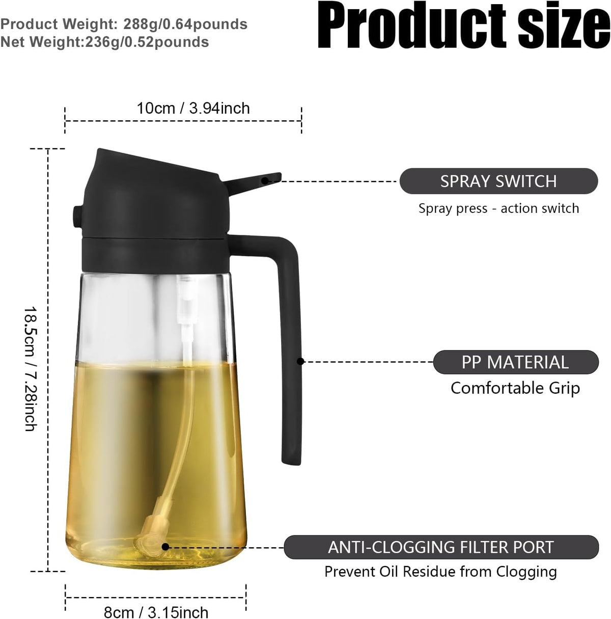 Olive Oil Sprayer for Cooking, 16oz Glass 2 in 1 Oil Dispenser Bottle | Light Blocking, BPA-Free Food Grade, Fine Mist Precise Control, Air Fryer BBQ Salad, Leakproof Anti-Clog, Pre-Printed Labels