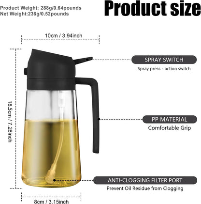 Olive Oil Sprayer for Cooking, 16oz Glass 2 in 1 Oil Dispenser Bottle | Light Blocking, BPA-Free Food Grade, Fine Mist Precise Control, Air Fryer BBQ Salad, Leakproof Anti-Clog, Pre-Printed Labels
