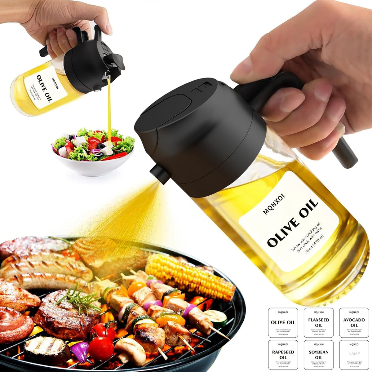 Olive Oil Sprayer for Cooking, 16oz Glass 2 in 1 Oil Dispenser Bottle | Light Blocking, BPA-Free Food Grade, Fine Mist Precise Control, Air Fryer BBQ Salad, Leakproof Anti-Clog, Pre-Printed Labels