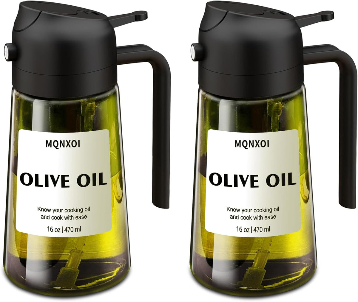 Olive Oil Sprayer for Cooking, 16oz Glass 2 in 1 Oil Dispenser Bottle | Light Blocking, BPA-Free Food Grade, Fine Mist Precise Control, Air Fryer BBQ Salad, Leakproof Anti-Clog, Pre-Printed Labels