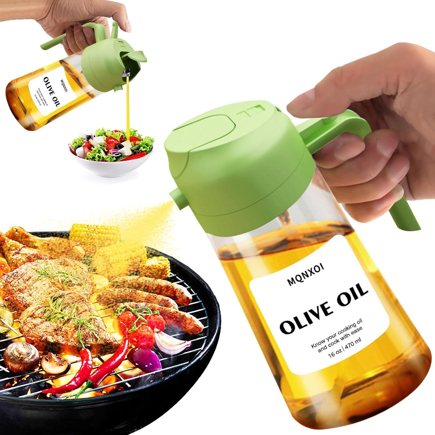 Olive Oil Sprayer for Cooking, 16oz Glass 2 in 1 Oil Dispenser Bottle | Light Blocking, BPA-Free Food Grade, Fine Mist Precise Control, Air Fryer BBQ Salad, Leakproof Anti-Clog, Pre-Printed Labels