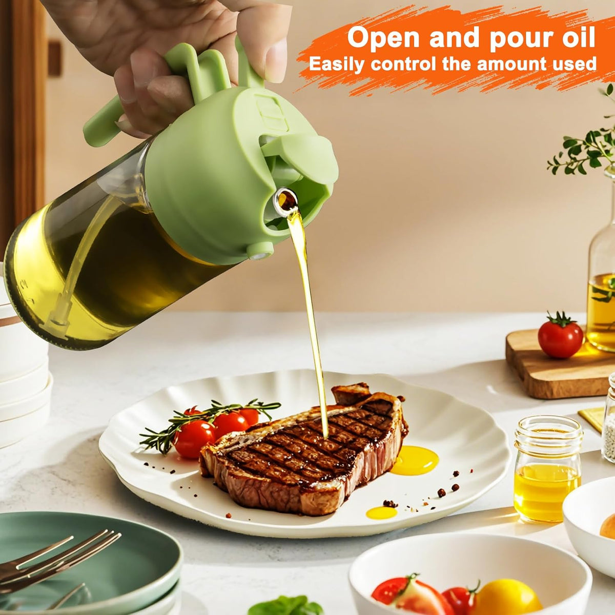 Olive Oil Sprayer for Cooking, 16oz Glass 2 in 1 Oil Dispenser Bottle | Light Blocking, BPA-Free Food Grade, Fine Mist Precise Control, Air Fryer BBQ Salad, Leakproof Anti-Clog, Pre-Printed Labels