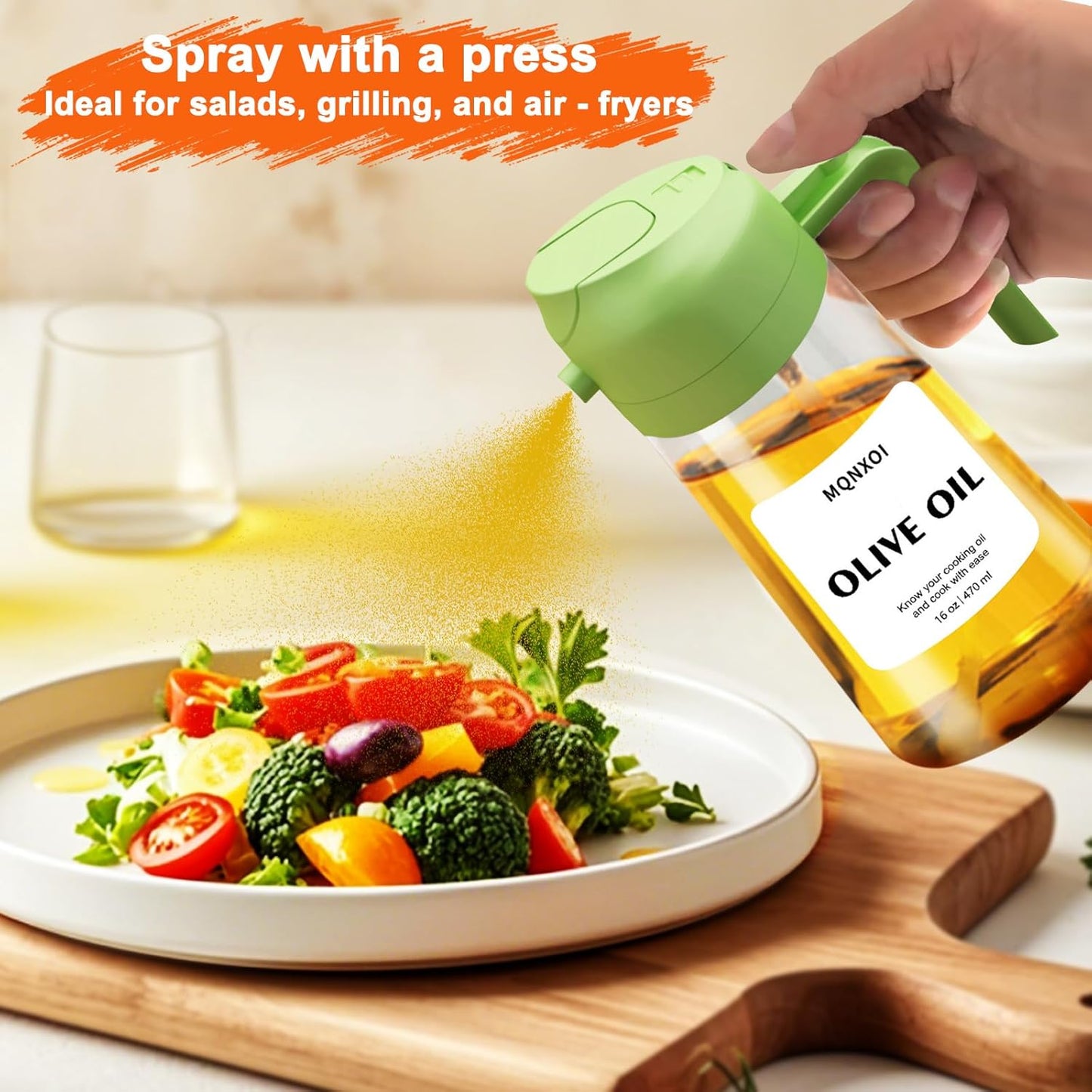 Olive Oil Sprayer for Cooking, 16oz Glass 2 in 1 Oil Dispenser Bottle | Light Blocking, BPA-Free Food Grade, Fine Mist Precise Control, Air Fryer BBQ Salad, Leakproof Anti-Clog, Pre-Printed Labels