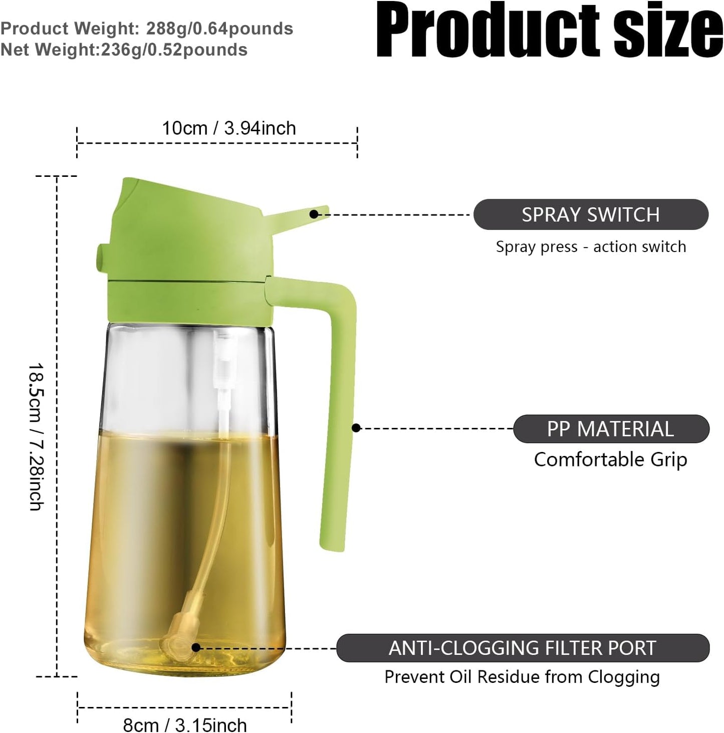 Olive Oil Sprayer for Cooking, 16oz Glass 2 in 1 Oil Dispenser Bottle | Light Blocking, BPA-Free Food Grade, Fine Mist Precise Control, Air Fryer BBQ Salad, Leakproof Anti-Clog, Pre-Printed Labels