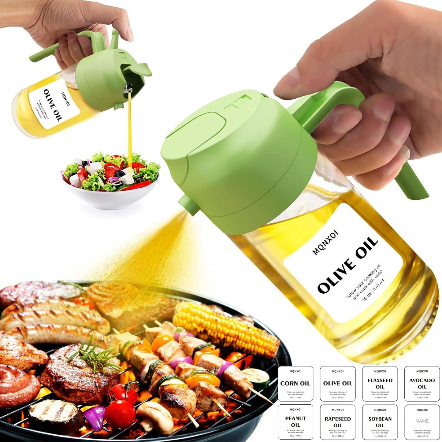 Olive Oil Sprayer for Cooking, 16oz Glass 2 in 1 Oil Dispenser Bottle | Light Blocking, BPA-Free Food Grade, Fine Mist Precise Control, Air Fryer BBQ Salad, Leakproof Anti-Clog, Pre-Printed Labels