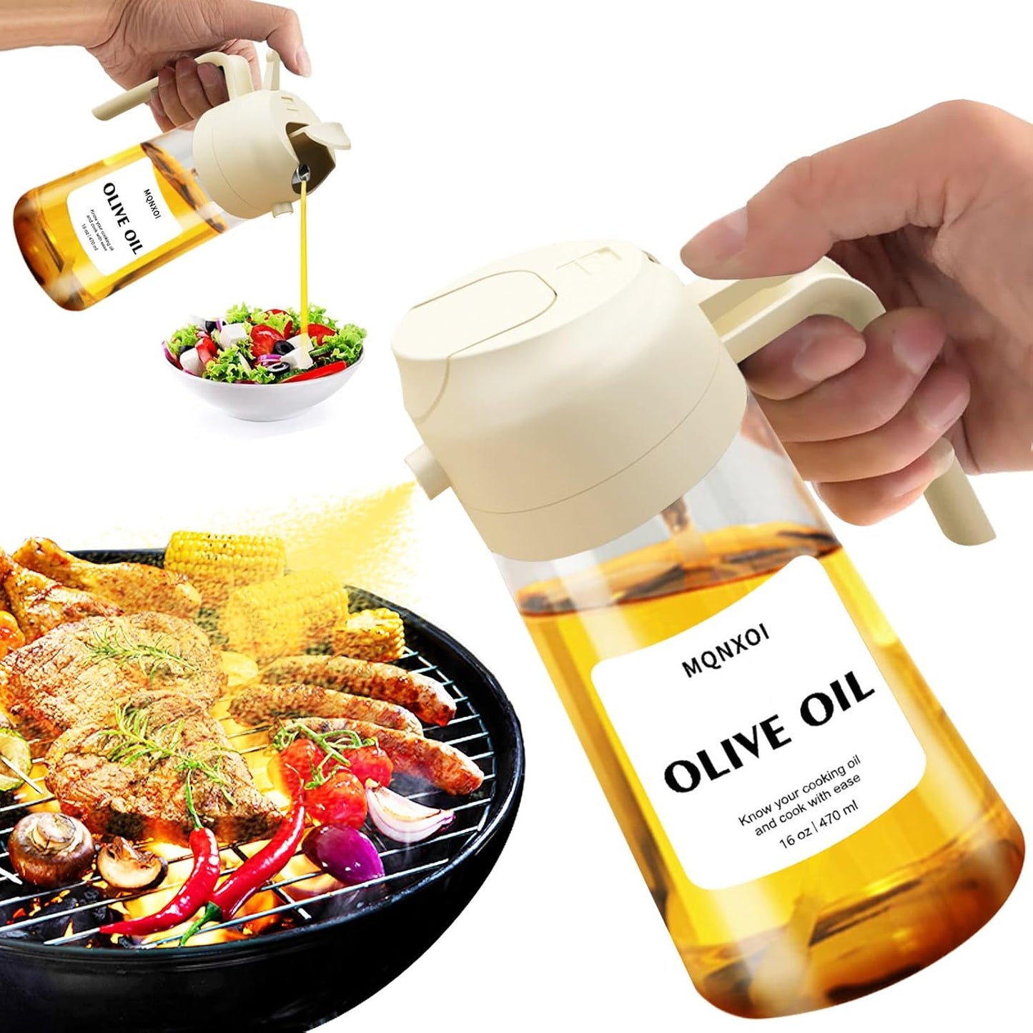 Olive Oil Sprayer for Cooking, 16oz Glass 2 in 1 Oil Dispenser Bottle | Light Blocking, BPA-Free Food Grade, Fine Mist Precise Control, Air Fryer BBQ Salad, Leakproof Anti-Clog, Pre-Printed Labels