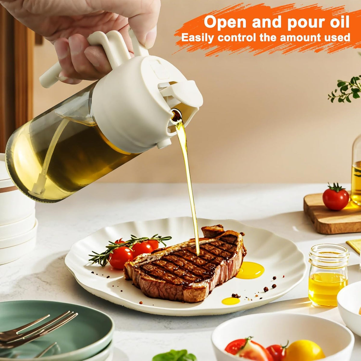 Olive Oil Sprayer for Cooking, 16oz Glass 2 in 1 Oil Dispenser Bottle | Light Blocking, BPA-Free Food Grade, Fine Mist Precise Control, Air Fryer BBQ Salad, Leakproof Anti-Clog, Pre-Printed Labels