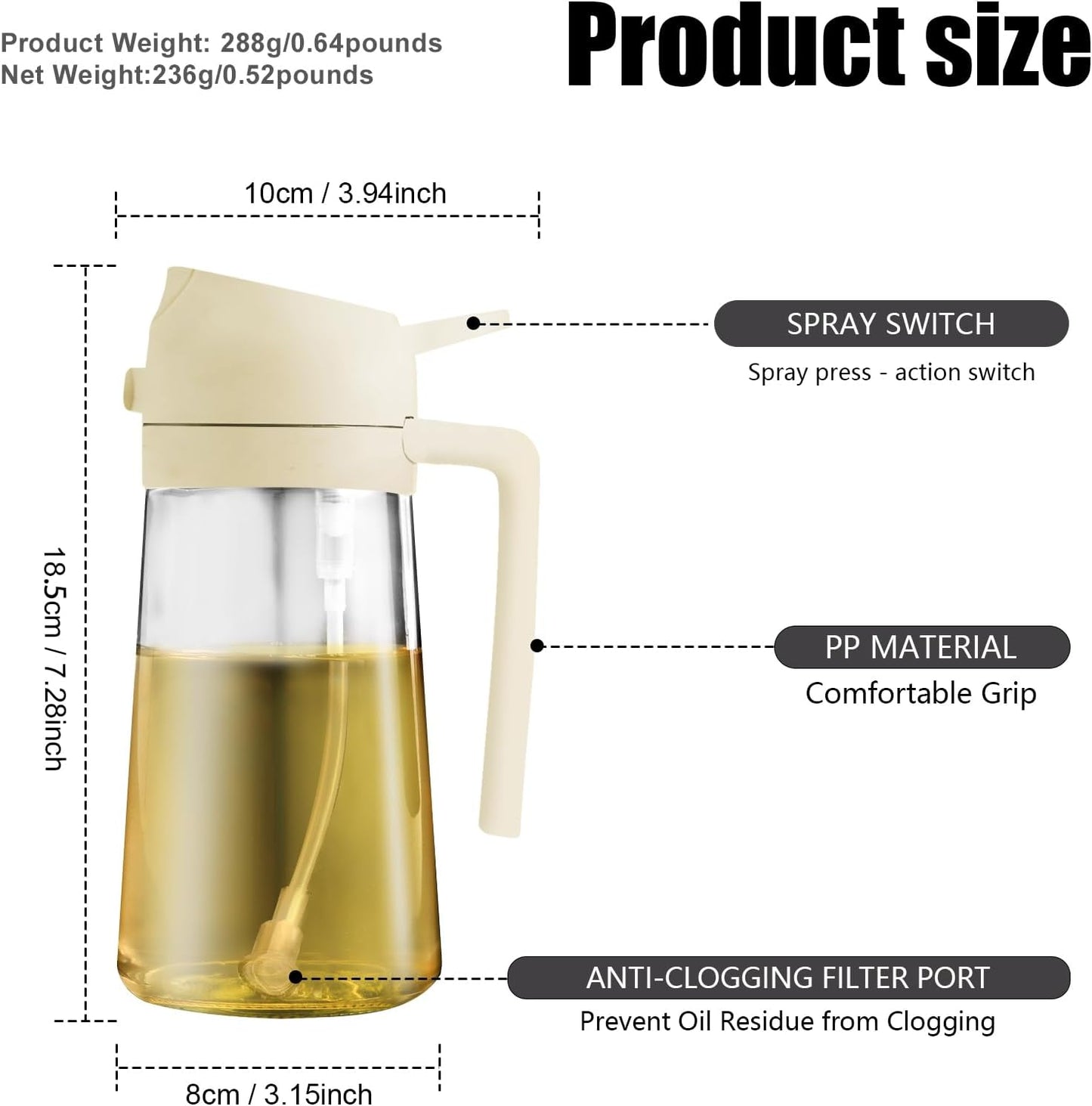 Olive Oil Sprayer for Cooking, 16oz Glass 2 in 1 Oil Dispenser Bottle | Light Blocking, BPA-Free Food Grade, Fine Mist Precise Control, Air Fryer BBQ Salad, Leakproof Anti-Clog, Pre-Printed Labels