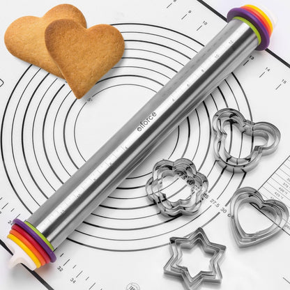13.6" Stainless Steel Rolling Pin with 4 Thickness Rings & Cookie Molds