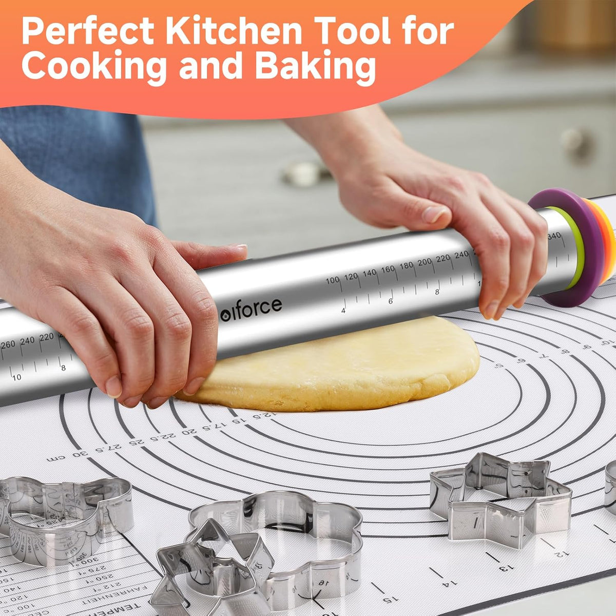 13.6" Stainless Steel Rolling Pin with 4 Thickness Rings & Cookie Molds