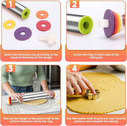 13.6" Stainless Steel Rolling Pin with 4 Thickness Rings & Cookie Molds