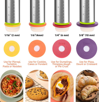 13.6" Stainless Steel Rolling Pin with 4 Thickness Rings & Cookie Molds