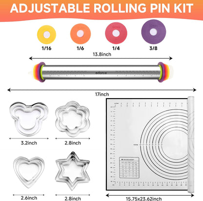 13.6" Stainless Steel Rolling Pin with 4 Thickness Rings & Cookie Molds