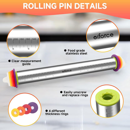 13.6" Stainless Steel Rolling Pin with 4 Thickness Rings & Cookie Molds