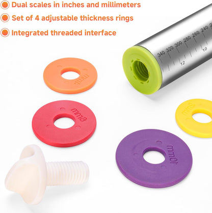 13.6" Stainless Steel Rolling Pin with 4 Thickness Rings & Cookie Molds