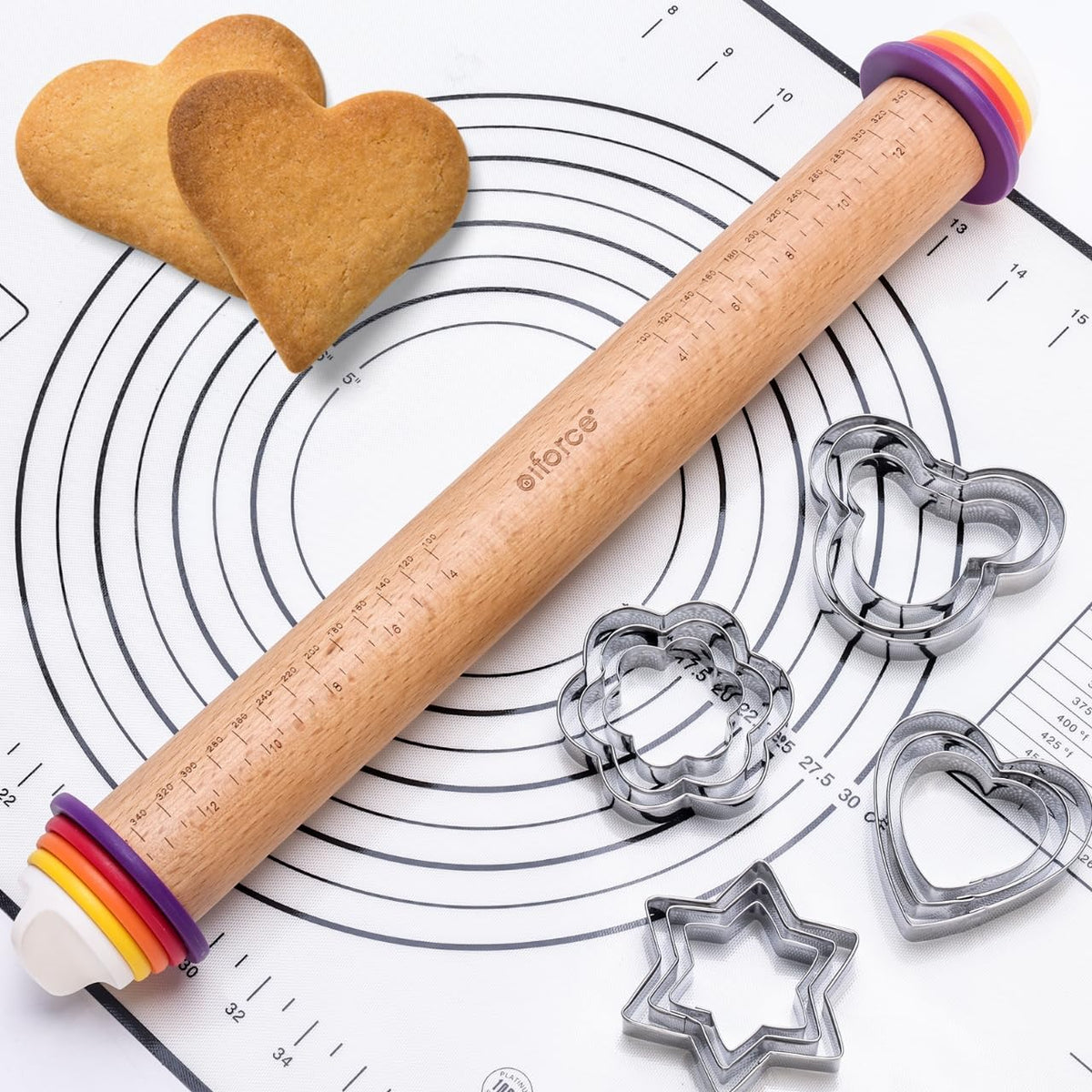13.6" Stainless Steel Rolling Pin with 4 Thickness Rings & Cookie Molds