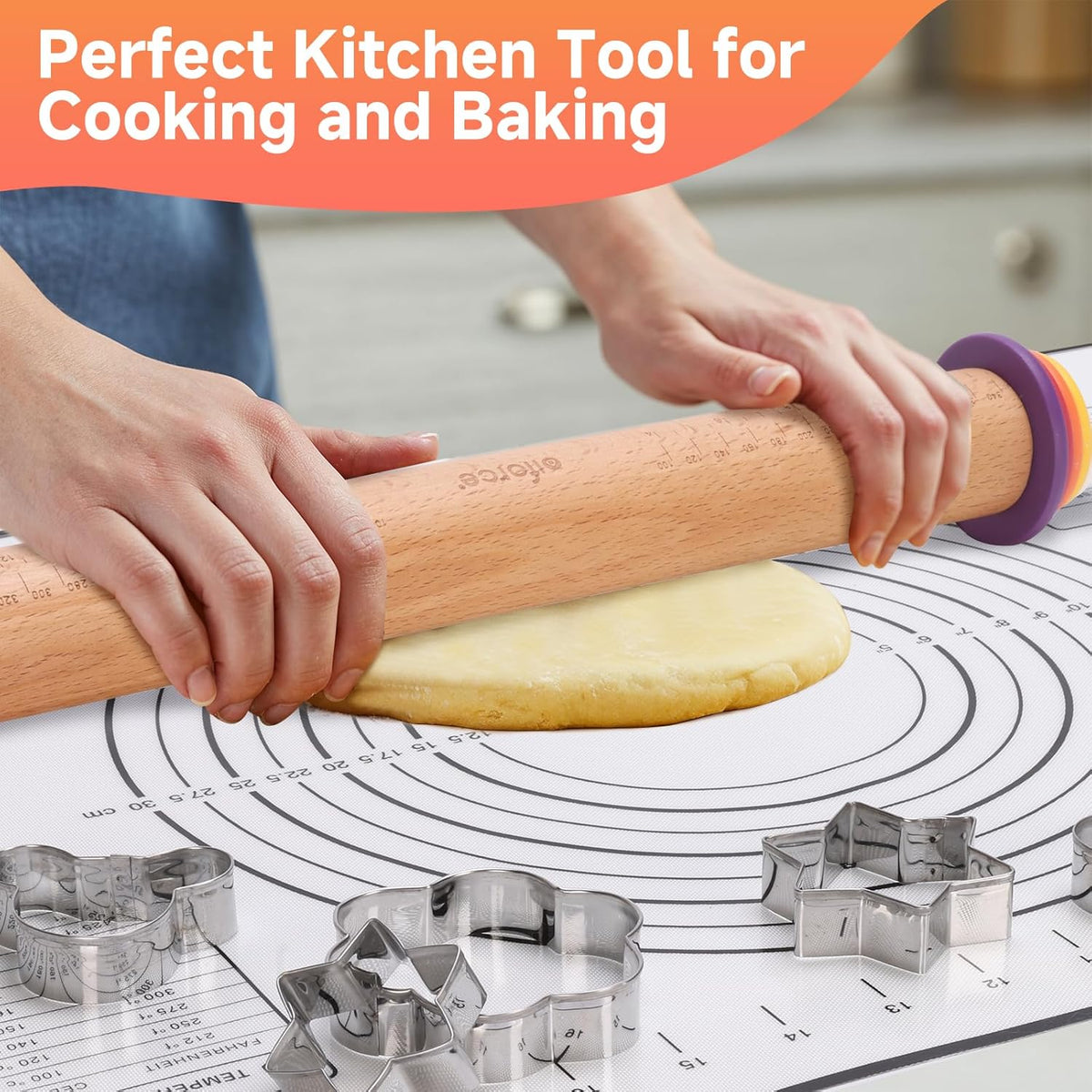13.6" Stainless Steel Rolling Pin with 4 Thickness Rings & Cookie Molds