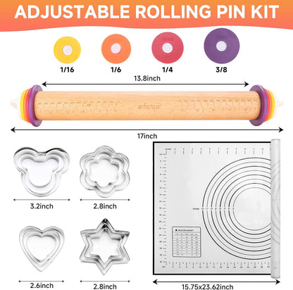 13.6" Stainless Steel Rolling Pin with 4 Thickness Rings & Cookie Molds