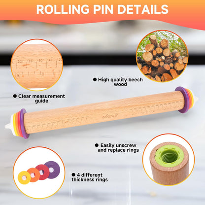 13.6" Stainless Steel Rolling Pin with 4 Thickness Rings & Cookie Molds