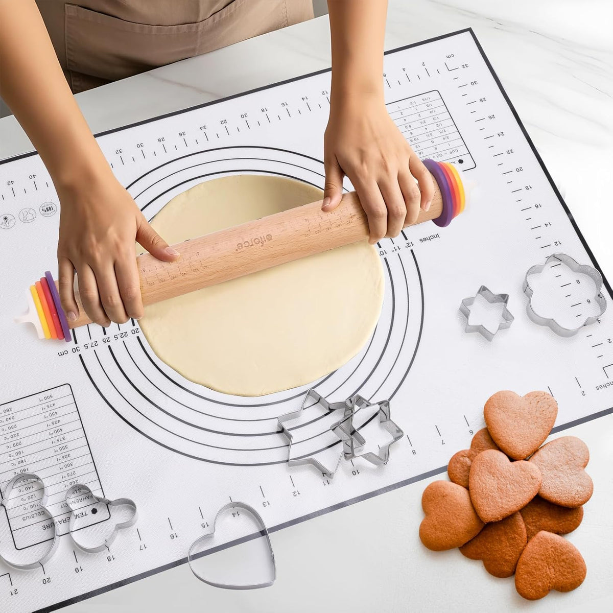 13.6" Stainless Steel Rolling Pin with 4 Thickness Rings & Cookie Molds