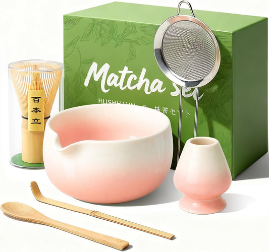 Matcha Whisk Set, Ceramic Matcha Set Includes Bowl & Holder, Bamboo Whisk (Chasen), Scoop, Spoon and Sifter, 6PCS Matcha Kit Covers Everything Needed for Making Matcha (Pink)
