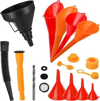 19PCS Automotive Funnel Set & Gas Can Spout Replacement, Plastic Long Neck Oil Funnel Wide Mouth Funnels, Transmission Funnels Spouts Set for Filling Gasoline Oil Coolant