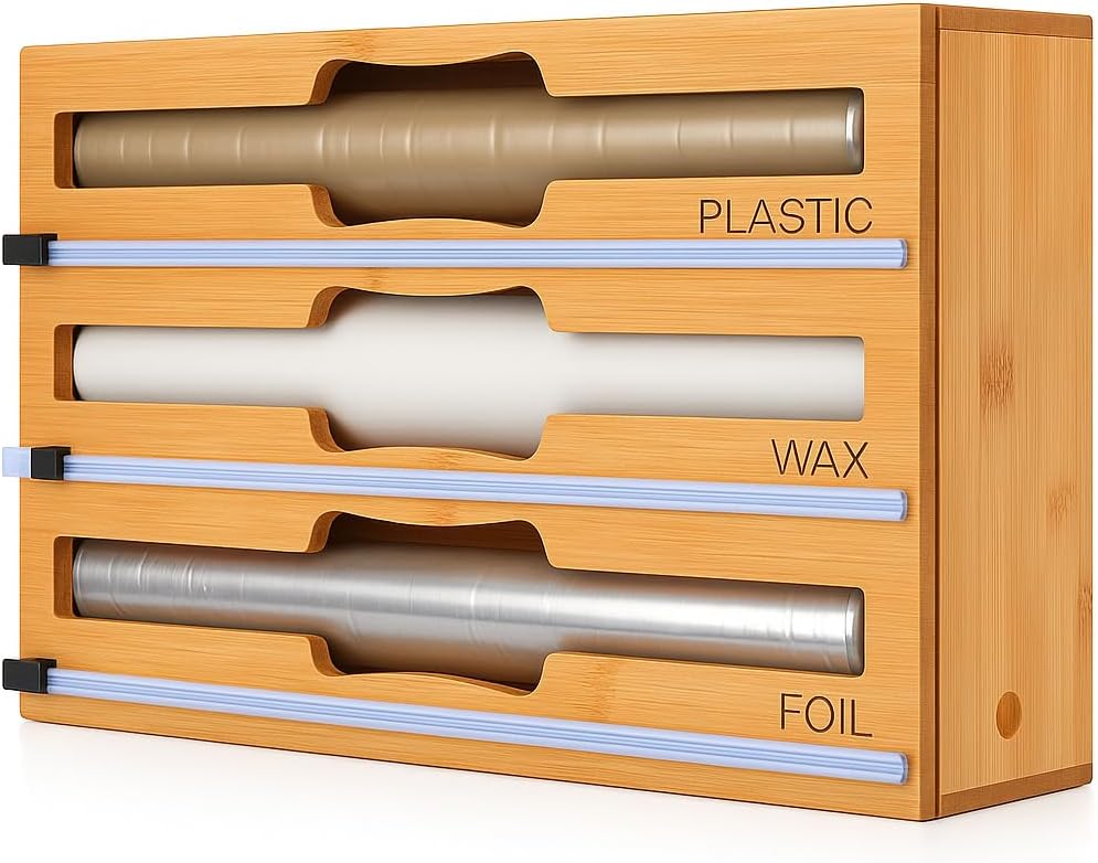 Foil and Plastic Wrap Organizer for Kitchen Drawer — 3 in 1 Bamboo Holder for Aluminum Foil, Cling Wrap and Wax Paper with Labels and Slide Cutter, Fits 12" Rolls, Kitchen Storage Organization