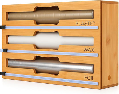 Foil and Plastic Wrap Organizer for Kitchen Drawer — 3 in 1 Bamboo Holder for Aluminum Foil, Cling Wrap and Wax Paper with Labels and Slide Cutter, Fits 12" Rolls, Kitchen Storage Organization