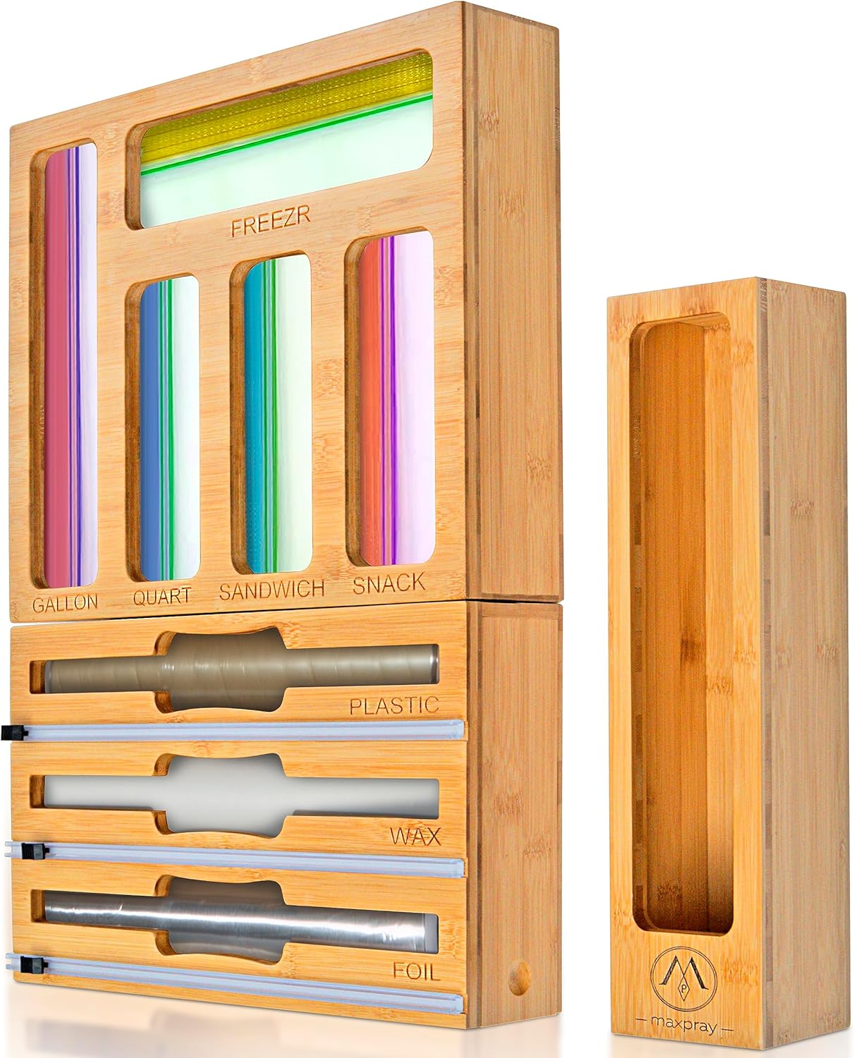 Foil and Plastic Wrap Organizer for Kitchen Drawer — 3 in 1 Bamboo Holder for Aluminum Foil, Cling Wrap and Wax Paper with Labels and Slide Cutter, Fits 12" Rolls, Kitchen Storage Organization