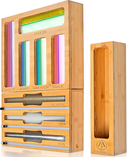 Foil and Plastic Wrap Organizer for Kitchen Drawer — 3 in 1 Bamboo Holder for Aluminum Foil, Cling Wrap and Wax Paper with Labels and Slide Cutter, Fits 12" Rolls, Kitchen Storage Organization