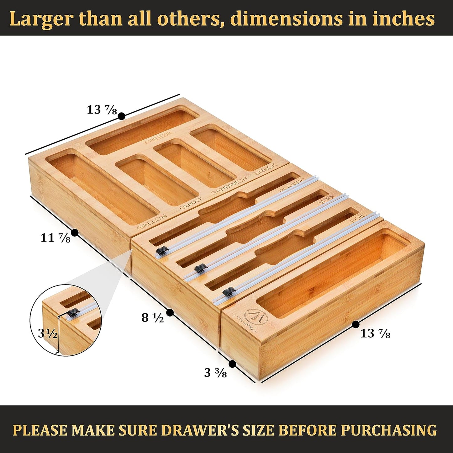Foil and Plastic Wrap Organizer for Kitchen Drawer — 3 in 1 Bamboo Holder for Aluminum Foil, Cling Wrap and Wax Paper with Labels and Slide Cutter, Fits 12" Rolls, Kitchen Storage Organization