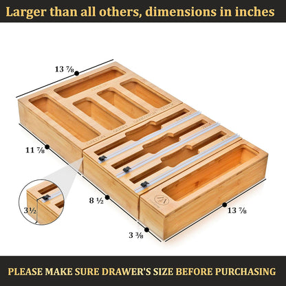 Foil and Plastic Wrap Organizer for Kitchen Drawer — 3 in 1 Bamboo Holder for Aluminum Foil, Cling Wrap and Wax Paper with Labels and Slide Cutter, Fits 12" Rolls, Kitchen Storage Organization