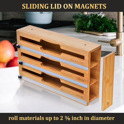 Foil and Plastic Wrap Organizer for Kitchen Drawer — 3 in 1 Bamboo Holder for Aluminum Foil, Cling Wrap and Wax Paper with Labels and Slide Cutter, Fits 12" Rolls, Kitchen Storage Organization
