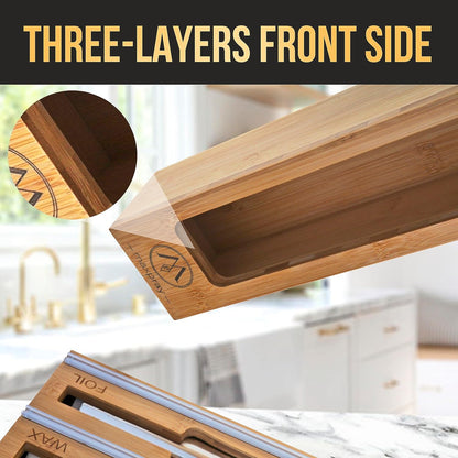 Foil and Plastic Wrap Organizer for Kitchen Drawer — 3 in 1 Bamboo Holder for Aluminum Foil, Cling Wrap and Wax Paper with Labels and Slide Cutter, Fits 12" Rolls, Kitchen Storage Organization