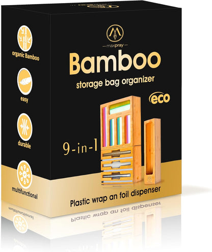 Foil and Plastic Wrap Organizer for Kitchen Drawer — 3 in 1 Bamboo Holder for Aluminum Foil, Cling Wrap and Wax Paper with Labels and Slide Cutter, Fits 12" Rolls, Kitchen Storage Organization