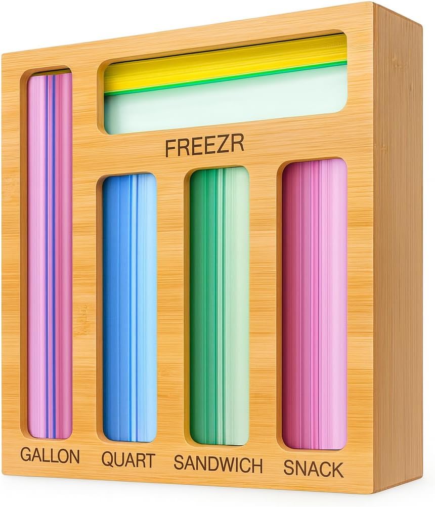 Foil and Plastic Wrap Organizer for Kitchen Drawer — 3 in 1 Bamboo Holder for Aluminum Foil, Cling Wrap and Wax Paper with Labels and Slide Cutter, Fits 12" Rolls, Kitchen Storage Organization